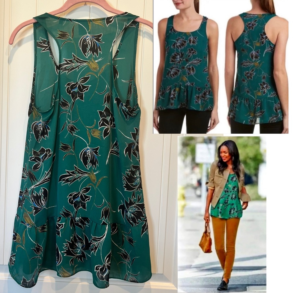 CAbi Zoe Falling Flowers Green hue Racerback Tunic Top Small